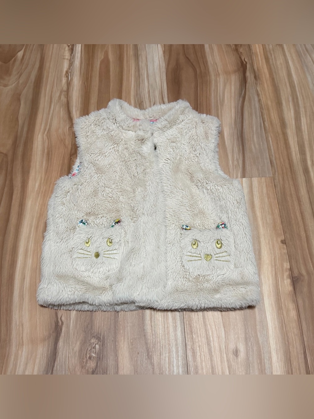 Mini Boden Cream Fuzzy Cat Pocket Vest